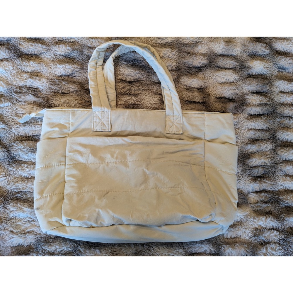 Quilted Nylon Laptop Tote Bag Cream Puffer Work Travel Bag with Trolley Sleeve